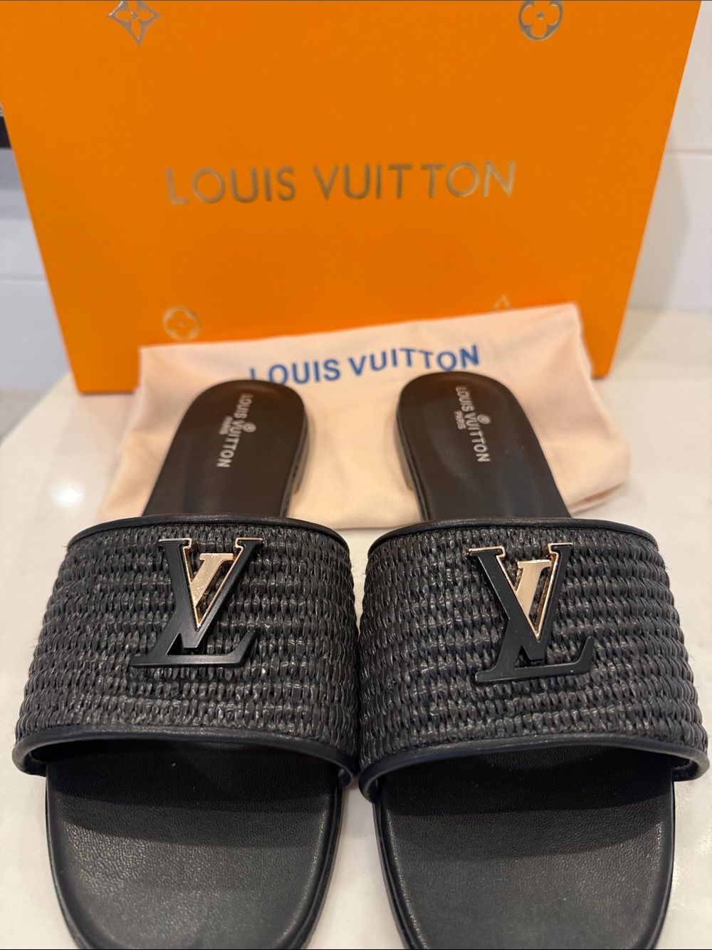 Louis Vuitton Black Raffia LV Slide Sandals Sz 39